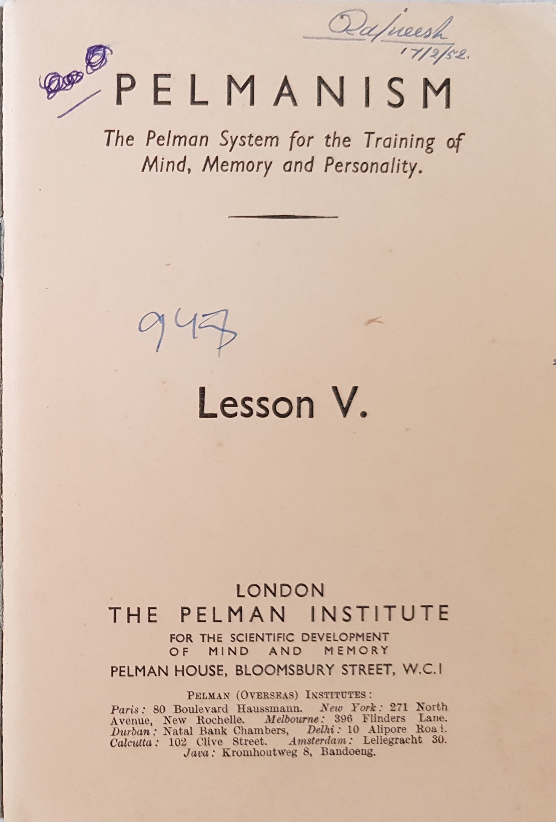 Pelmanism book signed and dated by Osho, 17 February 1952